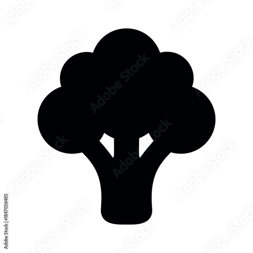 Simple black silhouette of a broccoli floret, perfect for healthy eating, vegan, or vegetarian concepts. A clean and modern vegetable icon.