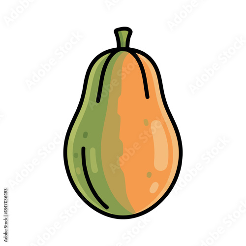 Vibrant cartoon illustration of a ripening papaya, featuring green and orange hues with a bold black outline. A fresh, tropical fruit icon.