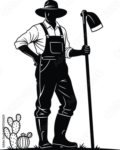 Vintage farmer silhouette illustration, rural agriculture worker holding hoe, traditional farming concept line art, minimal black white design heritage countryside labor icon branding use