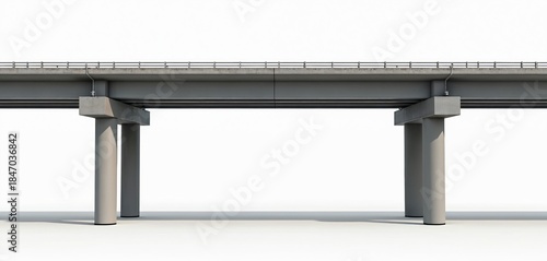 Concrete elevated highway bridge with support pillars on white background. Modern infrastructure for vehicle transport and travel. This overpass is a connection for routes and journeys.