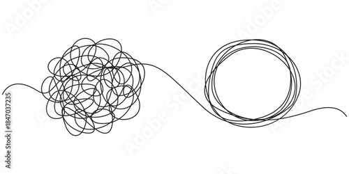 Chaotic tangled line transforms into circle knot illustration. Abstract concept showing problem-solving path from mess to order in vector graphic format.