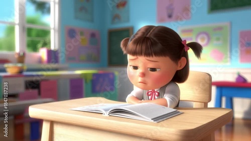 A contemplative child with a book at her desk in a classroom setting. She seems focused and possibly struggling. The school environment is inviting with colorful posters in the background. Stock Video