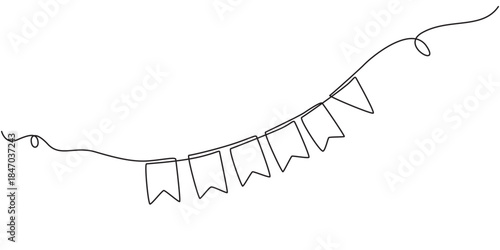Garland bunting with flags in one continuous line drawing. Birthday and jubilee party decoration in simple linear style. Festoon for carnival and festivals. Editable stroke. Black contour vector