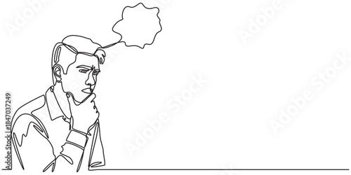 Continuous line drawings of a young man thinking.worried man thinking problem about businessman confused vector illustration. one line drawing of a thinking man.