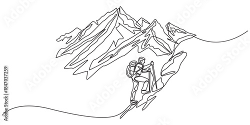 Man climbs the mountains in one continuous line drawing. Traveler with backpack is hiking in simple linear style. Leadership development Editable stroke. Doodle outline vector illustration