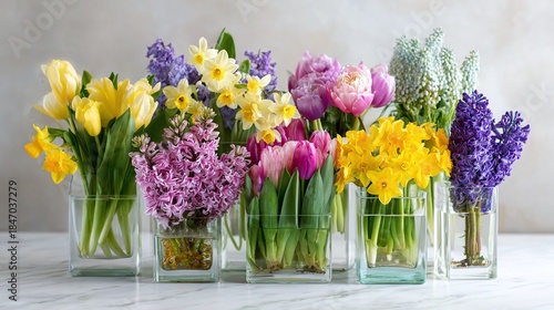 Wallpaper Mural A vibrant collection of spring flowers displayed in clear glass vases. Tulips, daffodils, and hyacinths create a colorful and cheerful ambiance on a neutral-toned surface. Torontodigital.ca