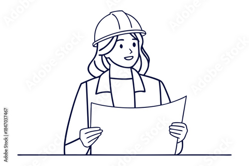 Female Architect Holding Blueprint Paper White Background