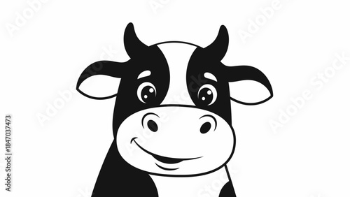 Cute Black and White Cow Face Cartoon Smiling Happily on Isolated White Background