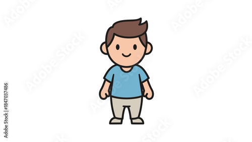 Cute Cartoon Boy Standing Happily in Blue T-Shirt, Isolated White Background.
