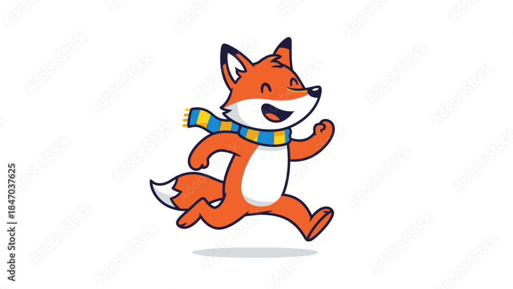 Obraz premium Cute Happy Cartoon Fox with Scarf Running Playfully on Light Yellow Background