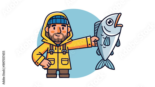 Happy Cartoon Fisherman in Yellow Raincoat Holding a Big Fish on Light Blue Background