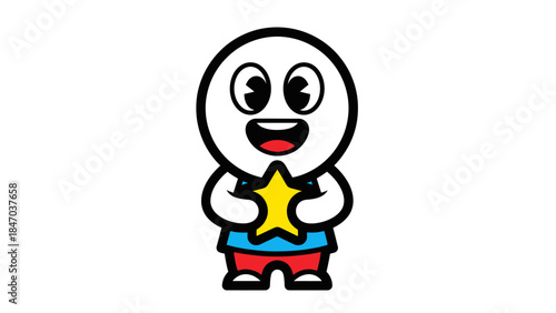 Cute Happy Cartoon Character Holding a Yellow Star on Isolated White Background