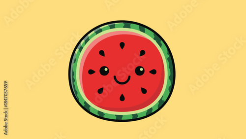 Happy Cartoon Watermelon Slice with Seeds on Bright Yellow Background