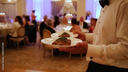 A waiter serving plates of food to the guests in a restaurant setting. The plates hold what appear to be elegantly presented entrees, adding to the fine dining atmosphere. Stock Video