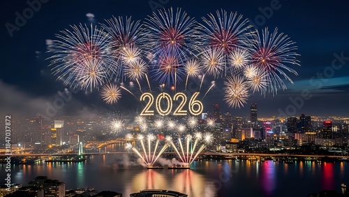 Spectacular new year 2026 fireworks illuminate the night sky above a sprawling illuminated city skyline reflecting on the water below