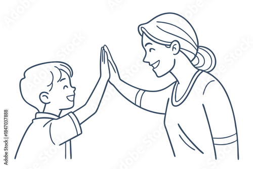 Young mother giving high five to son success achievement line drawing