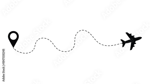 Airplane flying to destination with wavy route line and map pin