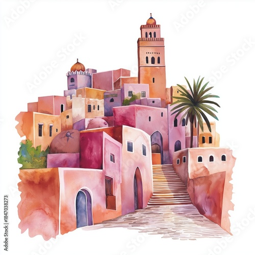 Ghardaia. Ghardaia hand drawn watercolor illustration on white background