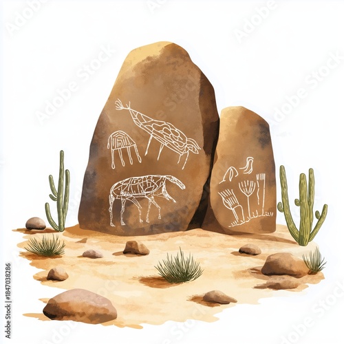 Sahara Rock Art. Sahara Rock Art hand drawn watercolor illustration on white background