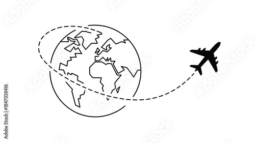 Airplane flying around the globe on a dotted line route map