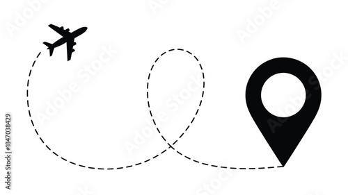 Airplane flying to destination marker with dotted route line