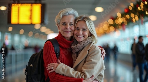 Senior mother and adult daughter hugging and smiling at an airport during a holiday reunion with Christmas decorations in the background.