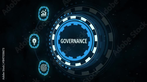 futuristic corporate governance interface with blue hud icons. business governance and policy network dashboard. governance data visualization with standard symbols.