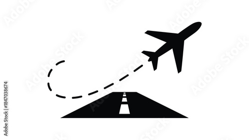 Airplane taking off from runway with dotted flight path