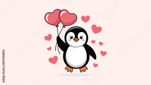 Adorable Cartoon Penguin Holding Heart Balloons