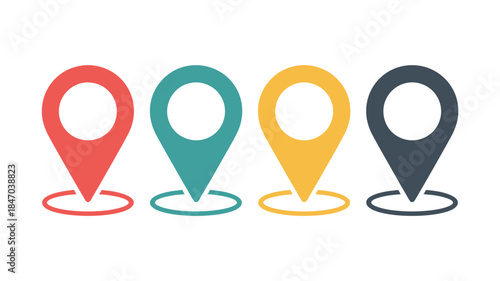 Colorful location pins on white background for navigation and mapping