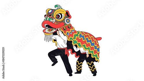 Traditional Chinese Lion Dance with Colorful Costume on White Background