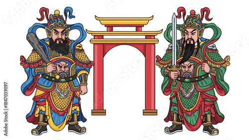 Traditional Chinese Warrior Guardians with Temple Arch Illustration