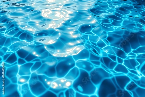 Shimmering blue water surface with sunlight reflections, abstract swimming pool texture background, refreshing summer liquid pattern with ripple effect
