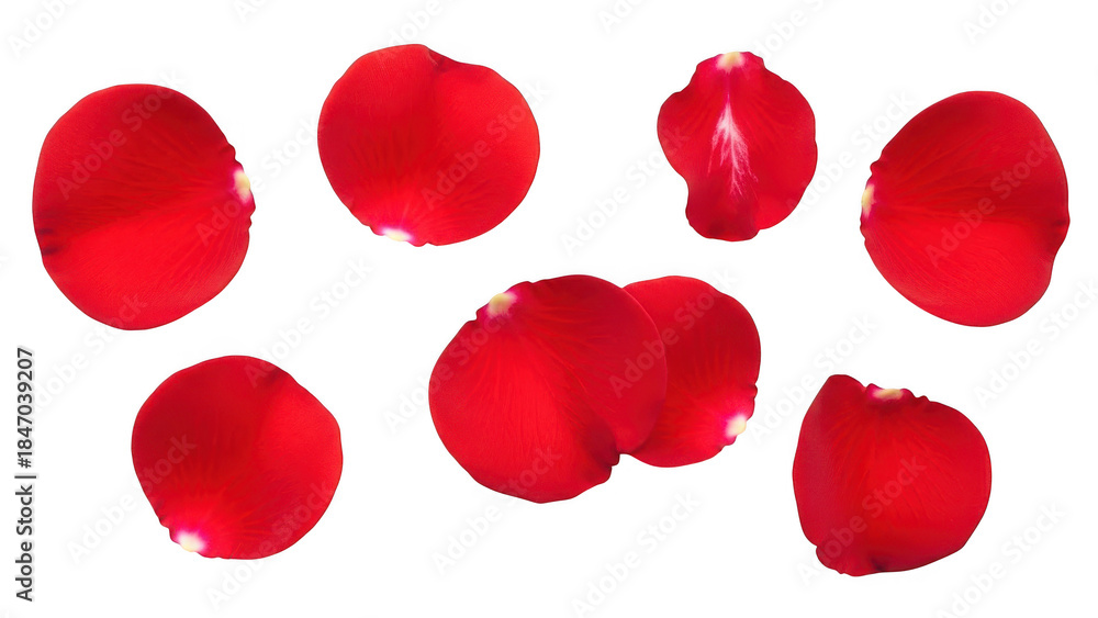 Fototapeta premium Red rose petals collection, set of 8 realistic flower petals on white background, romantic floral elements for wedding and Valentine's Day design