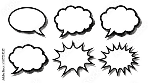 Comic book speech bubbles and thought clouds in black and white
