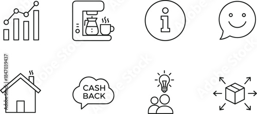 Business analytics line icons set featuring growth coffee services information feedback cashback innovation teamwork concepts for digital platforms