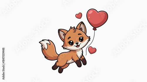 Cute Cartoon Fox Floating with Heart Balloon