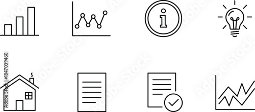 Business analytics line icons illustrating growth data information reports innovation insights and performance charts for digital platforms dashboards
