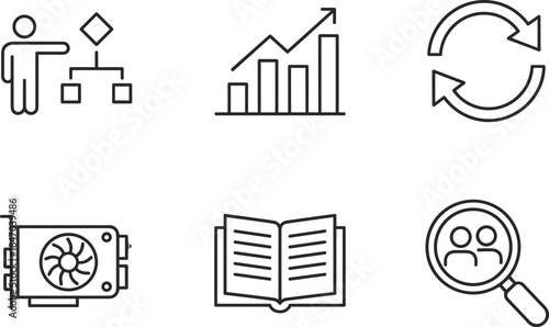 Business process management line icons featuring analytics growth teamwork learning search refresh and technology symbols for digital platforms