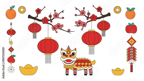 Traditional Chinese New Year Elements with Lanterns and Lion Dance