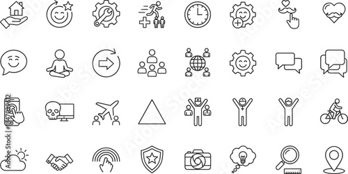 Minimal line icon set for happiness lifestyle business communication technology social interaction symbols modern vector outline design