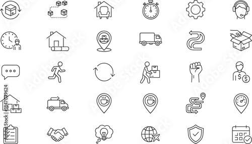 Minimal line icon set for logistics delivery tracking ecommerce customer support workflow symbols modern vector outline design
