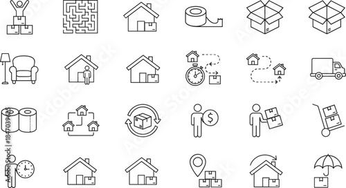 Minimal line icon set for logistics moving home delivery packaging storage business process modern vector outline design