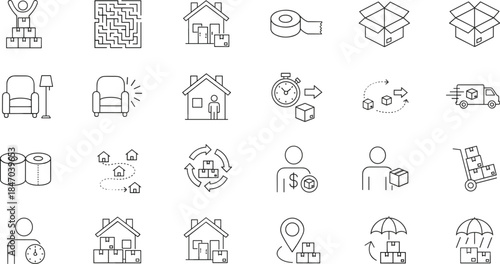 Minimal line icon set for logistics moving home delivery packaging storage workflow symbols modern vector outline l line icon set for logistics moving home delivery packaging 