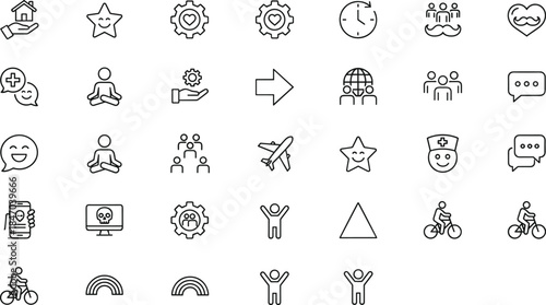 Minimal line icon set for wellness lifestyle business communication healthcare travel community symbols modern vector outline design