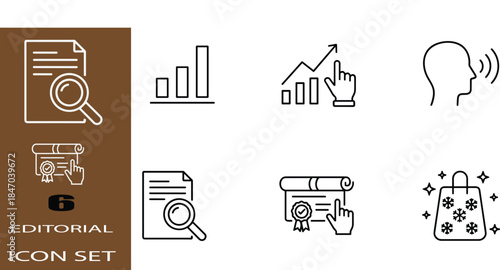 Outline business analytics editorial icon set showing document search growth charts communication certification rewards for modern interface design