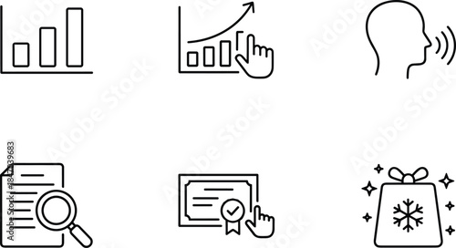 Outline business analytics icon set showing growth charts certification communication search rewards for modern user interface design