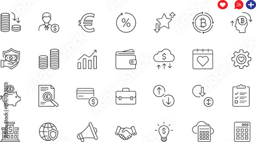 Outline finance and business icon set featuring banking payments investment analytics cryptocurrency security cloud collaboration symbols for modern interface design