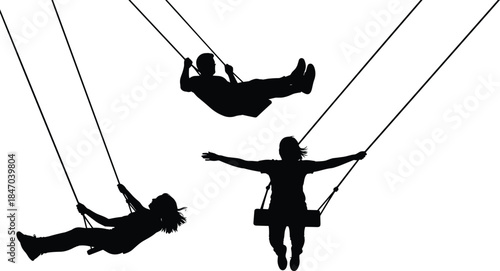 Children and Adult Silhouettes Playing on Swings Vector, Dynamic Group of People Swinging High in the Park, Childhood Fun and Playground Leisure Activity Graphic Design.
