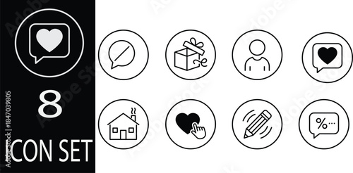 Outline circular social media editorial icon set featuring user communication gifts reactions home editing discounts interface design